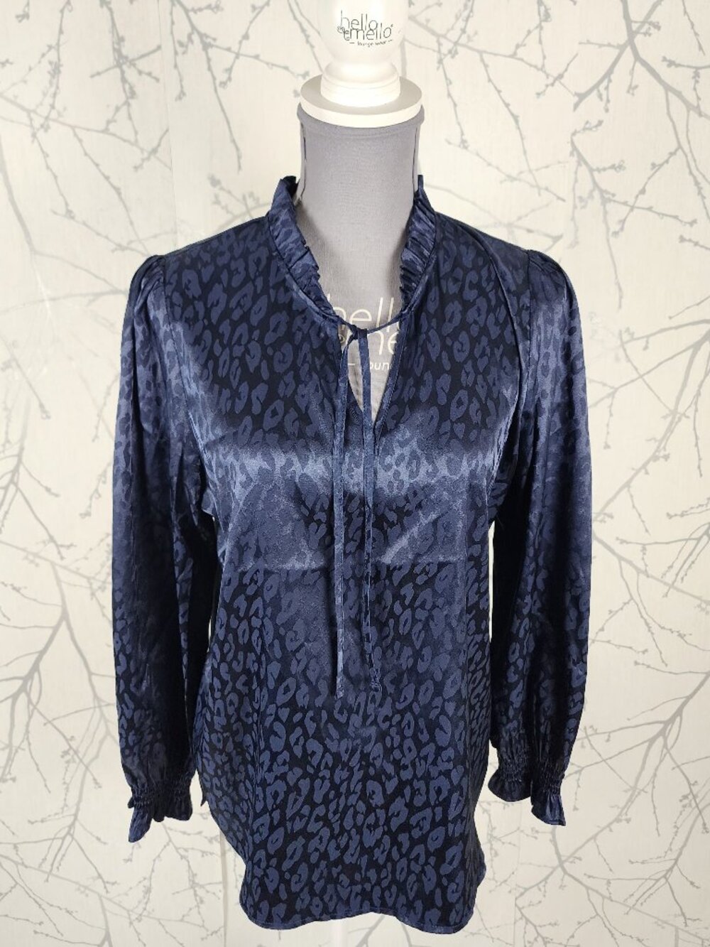 GG Jeans Navy Leopard Print Satin Ruffle Tie Neck Blouse